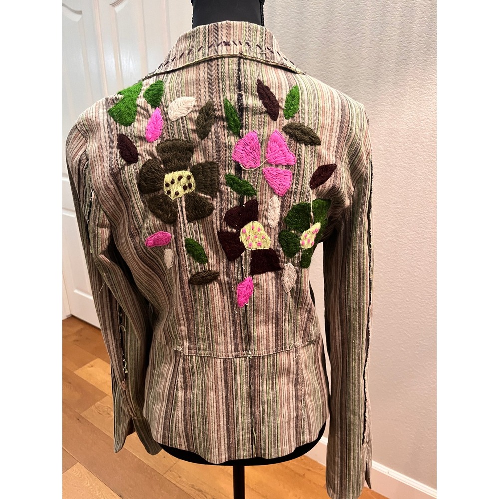 Fairycore Whimsigoth Floral Embroidered Striped Blazer Jacket Raw Fringe Boho M